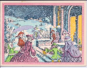Tarjeta navideña francesa pochoir coloreada a mano de asistentes a una fiesta llegando a una mansión en la nieve, circa 1920 de English School