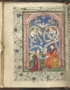 Un alumno arrodillado, quizás representando al autor, Norton, recibiendo un libro de su maestro, con ángeles, pergaminos escritos y una paloma arriba. Ordinal de la Alquimia. Thomas Norton cuarto cuarto del siglo XV
