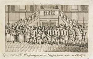 Una fila de convictos encadenados de la prisión de Newgate, Old Bailey, siendo llevados a Blackfriars para su transporte, c.1760