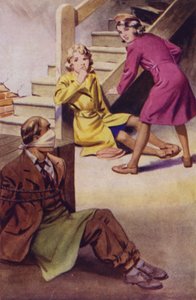 Un hombre atado, amordazado y sentado en el suelo mientras dos niñas miran (litografia en color) de English School
