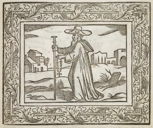 Un hombre que sostiene un bastón y un crucifijo, ilustración de 