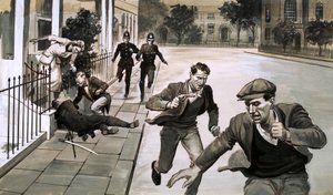Un hombre asesinado en la calle (gouache sobre papel) de English School