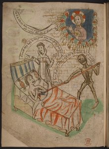 Un hombre en su lecho de muerte, de A Carthusian miscellany of poems, chronicles, and treatises in Northern English, including an epitome or summary of Mandeville
