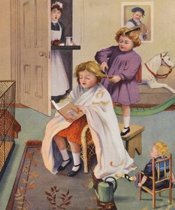 Un barbero travieso (litografía en color) de English School