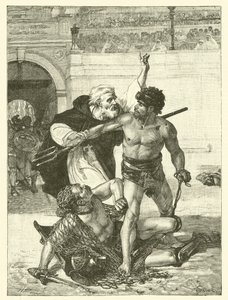 Un monje, Telémaco, intenta detener los juegos de gladiadores en el Coliseo, Roma (grabado)