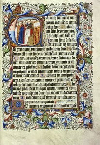 Una página de un salterio en latín, con una inicial historiada que representa a un grupo de monjes de pie ante un atril cantando, c.1455 de English School