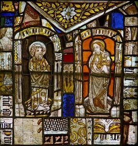 Un panel en la ventana este que representa a San Pedro y San Juan; sobre ellos está la hierba Gromwell de English School