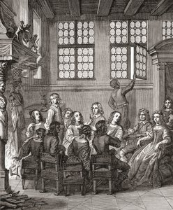 Una fiesta en la casa del Duque de Newcastle, frontispicio de Natures Pictures por Margaret, Duquesa de Newcastle, 1656, de A Short History of the English People por J. R. Green, publicado en 1893 de English School