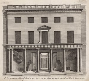 Vista en perspectiva de la Bolsa de Factores de Cereales, erigida en Mark Lane 1751 de English School