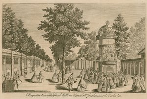 Vista en perspectiva del Gran Paseo en los Jardines de Vauxhall, Londres, y la Orquesta