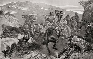 Un piquete del 13º de Húsares sorprendido cerca del río Tugela, en Hussar Hill, provincia de KwaZulu-Natal, durante la segunda guerra bóer, de "South Africa and the Transvaal War", de Louis Creswicke, publicado en 1900 (litografía). de English School