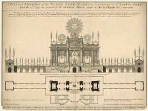 Un plan y elevación de los Fuegos Artificiales Reales a realizarse en el Parque de St James, 27 de abril de 1749