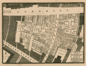 Plano de las casas destruidas en el incendio que comenzó en Exchange Alley, Cornhill, Londres, el 25 de marzo de 1748 de English School