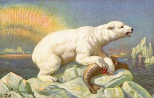 Un oso polar sobre el cuerpo de un pez en una roca de English School