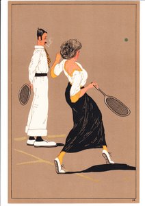 Estampa de dos tenistas en posturas cómicas y humorísticas, c.1920 (litografía en color)
