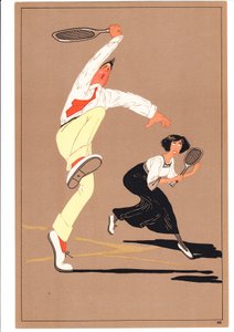 Una impresión de dos jugadores de tenis en posturas cómicas y humorísticas, c.1920