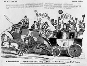 Una carrera entre el viejo carruaje proteccionista y el rápido coche de la Liga Anti-Corn Law de English School