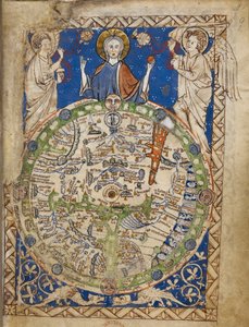Mapa redondo del mundo, con marco cuadrado ornamental, Jerusalén en el centro, zona de vientos, figuras de habitantes, etc .