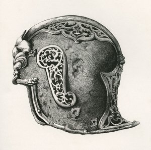 Un sallet, también conocido como salade o casco de guerra schaller, 1450 d.C., de The British Army: Its Origins, Progress and Equipment, publicado en 1868. de English School