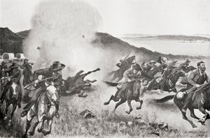Un proyectil de la Brigada Naval dispersando bóers desde detrás de los Kojes de las Siete Hermanas durante la acción del 7 de marzo. de English School