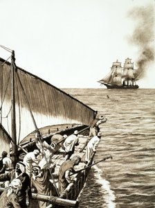 Un barco de vapor en el horizonte, un dhow árabe en primer plano de English School