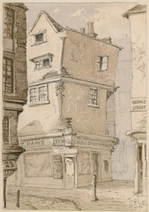 Una esquina de la calle en Cloth Fair, Smithfield, Londres, boceto en acuarela, 1881 de English School