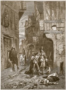 Una calle en Londres durante la Gran Plaga, ilustración de Cassells Illustrated History of England de English School