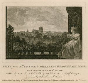 Una vista desde la sala de desayuno del Sr. Cosway, Pall Mall, con el retrato de la Sra. Cosway