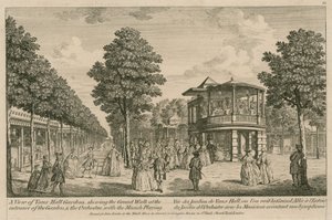 Vista de los Jardines de Vauxhall, Londres, mostrando el gran paseo en la entrada del Jardín y la Orquesta con la música tocando de English School