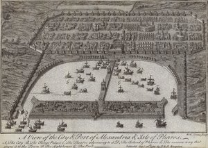 Vista de la ciudad y puerto de Alejandría y la Isla de Pharos, Egipto, 1738 de English School