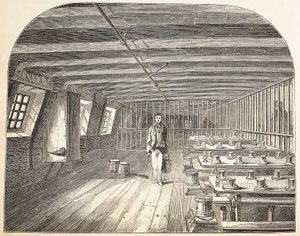 Un pabellón a bordo del casco de la Defensa arreglado para el regreso de los convictos a la cena, ilustración de Las prisiones criminales de Londres y escenas de la vida en prisión de Henry Mayhew y John Binny, pub. 1862