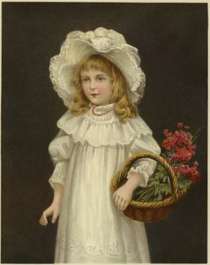 Una niña vestida de blanco sosteniendo una canasta de flores rojas de English School