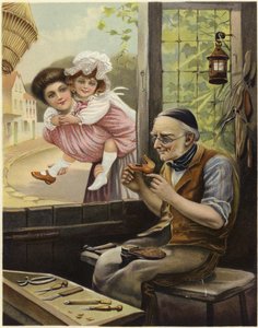Una joven y una niña pequeña observando a un zapatero trabajando de English School