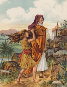 Abraham e Isaac suben al monte Moriah (litografía en color) de English School