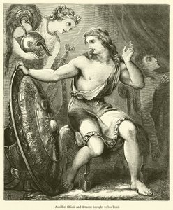 Escudo y armadura de Aquiles llevados a su tienda (grabado)