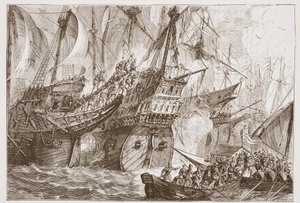 Acción entre la flota española y los barcos de los Mendigos del Mar, ilustración de La Historia del Protestantismo de James Aitken Wylie (1808-1890), pub. 1878 de English School