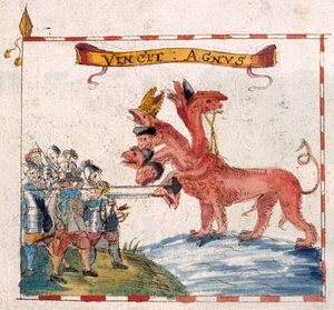 Agregar. 12447, f.23v Soldados parlamentarios atacando a la bestia del Apocalipsis, de 