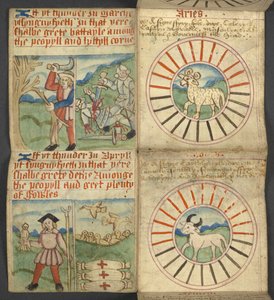 Agregar. 17367, f.4r Aries & Taurus, de Almanac, que contiene una tabla de letras dominicales y números áureos; instrucciones para encontrar las fiestas móviles; calendario de santos, épocas, lista de soberanos ingleses, pronósticos del tiempo, influencia  de English School