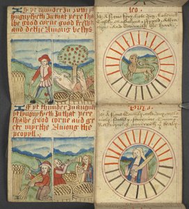 Agregar. 17367, f.6r Leo & Virgo, de Almanac, que contiene una tabla de letras dominicales y números áureos; instrucciones para encontrar las fiestas móviles; calendario de santos, épocas, lista de soberanos ingleses, pronósticos del tiempo, influencia de  de English School