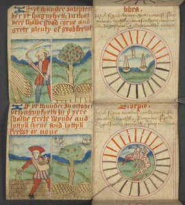 Agregar. 17367, f.7r Libra & Scorpio, de Almanac, que contiene una tabla de letras dominicales y números áureos; instrucciones para encontrar las fiestas móviles; calendario de santos, épocas, lista de soberanos ingleses, pronósticos del tiempo, influencia