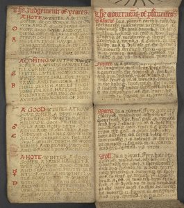 Agregar. 17367, f.9r de Almanac, que contiene una tabla de letras dominicales y números áureos; instrucciones para encontrar las fiestas móviles; calendario de santos, épocas, lista de soberanos ingleses, pronósticos del tiempo, influencia de los signos de