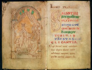 Add 33241 ff.1v-2 La reina Emma esposa de Ethelred II y Canuto recibe el libro de manos de su autor; Texto con `S