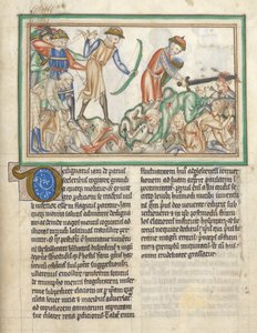 Añadir 35166 f.35 Gente siendo asesinada, escenas bíblicas del Apocalipsis de San Juan, Apocalipsis en latín con comentario (tinta y color sobre vitela) de English School
