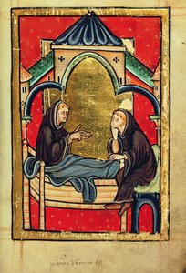 Añadir 39943 f.21 Boisil, prior de Cuthbert en Melrose, en su lecho de muerte, de "Vida y milagros de San Cuthbert" de Bede, latín (Durham) (vitela) de English School