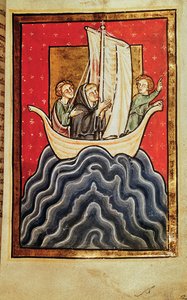 Añadir 39943 f.2b San Cuthbert y dos de los hermanos que regresan del país de los pictos, de "Vida y milagros de San Cuthbert" de Bede, latín (Durham) (vitela) de English School