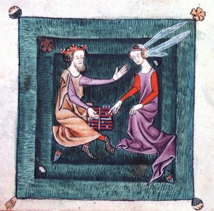 Add 42130 fol.76v Un rey y una dama sentados en un jardín, jugando un juego de mesa parecido al backgammon, del Salterio de Luttrell, iniciado antes de 1340 para Sir Geoffrey Luttrell (vitela) de English School