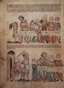 Añadir 47682 f.21v Salomé bailando ante Herodes y la muerte de Juan el Bautista, de la "Biblia de Holkham", c.1320-30 (vitela)