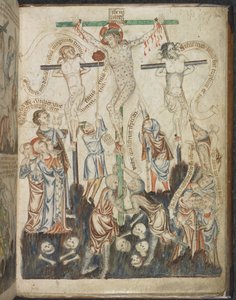 Agregar. 47682, f.32, La crucifixión, del Libro ilustrado de la Biblia de Holkham, c.1320-30 (vitela)
