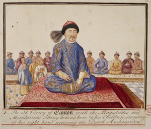 Agregar. 5353, f.65 El virrey de Cantón con magistrados y mandarines, sus hijos de pie a su derecha recibiendo a los embajadores holandeses, de 