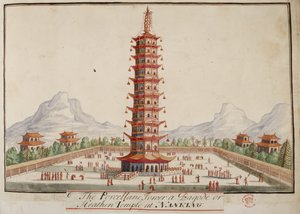 Agregar. 5353, f.67 La torre de porcelana, una pagoda o templo pagano en Nanking, de Colecciones de trajes de varias naciones de English School